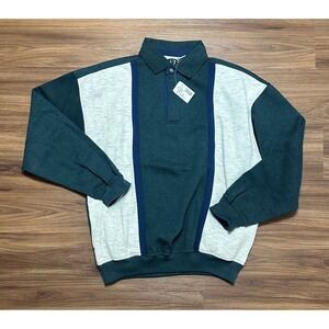 Vintage AZ Sport Mens Green Colorblock Polo Rugby Fleece Sweatshirt Sz XL